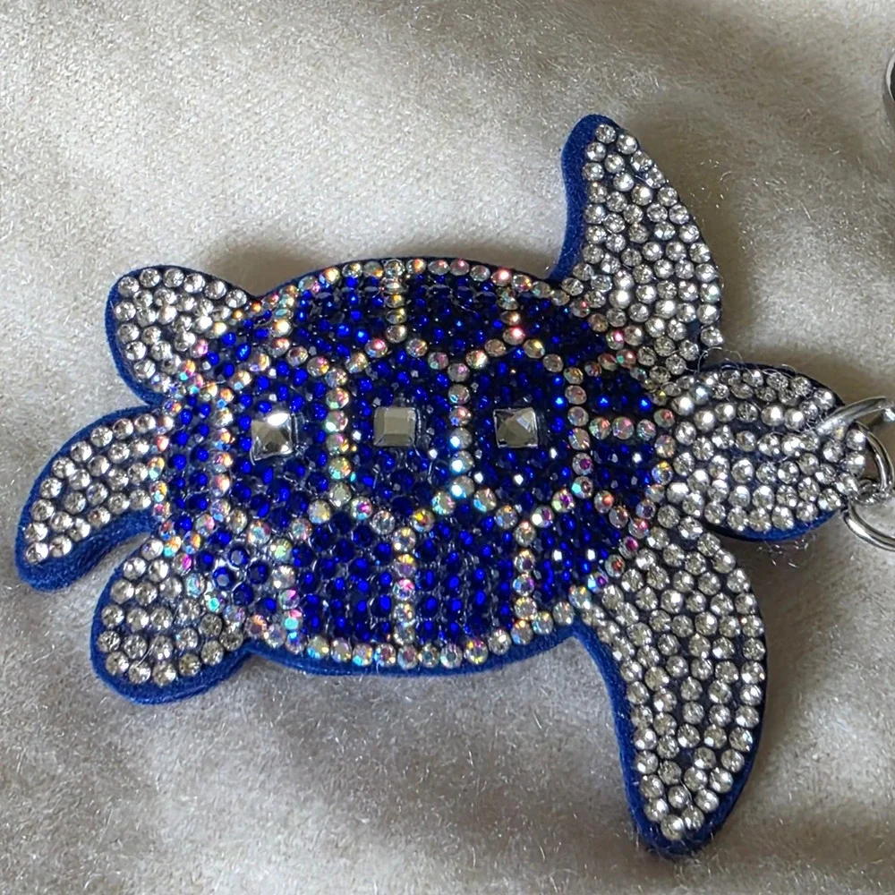 Blue Rhinestone Sea Turtle Keychain Tassel Bell Bag Charm Silver Tone Clasp NEW